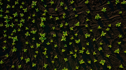 A top-down aerial view of a field showing rows of small green plants sprouting from rich, dark brown soil. The ground has distinct furrows, and the sunlight creates sharp shadows.