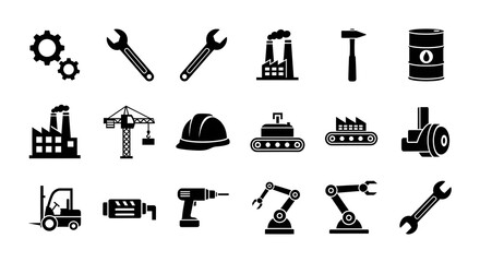 Collection of black and white industrial icons, showcasing various tools, machinery, and factory elements.
