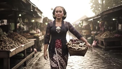 An authentic Javanese woman in traditional kebaya and batik walks confidently through a bustling morning market in Indonesia carrying a basket of fresh produce. - Powered by Adobe