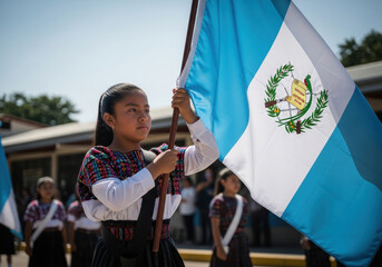 young girl proudly holds guatemalan flag during parade, wearing traditional attire. pride and national identity. education, cultural presentation, heritage event, guatemala independence day
