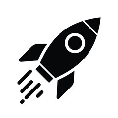 Simplified black rocket blasting off into space has a sleek, minimalist appearance