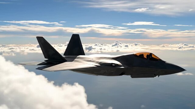 A gray fighter jet soars in the sky with scattered white clouds behind it