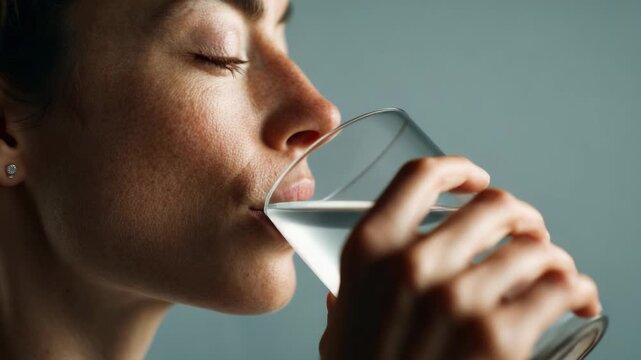 Serene woman drinking pure water, experiencing wellness moment with closed eyes against soothing blue background, embodying healthy hydration and self care lifestyle
