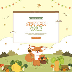 Autumn poster with cute animal illustration and retro computer pop up window