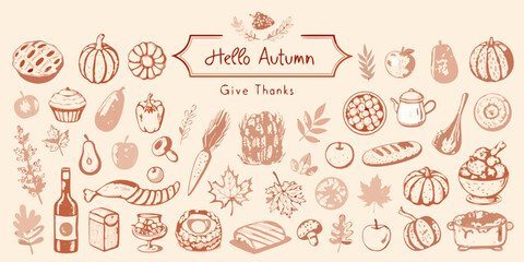 Hello autumn give thanks hand drawn illustration featuring seasonal food harvest vegetables and leaves