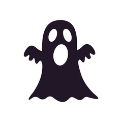 Dark purple silhouette of a ghost with open mouth on white background Keywords: ghost