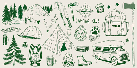 Vintage camping club collection with trees mountains tents backpacks and van