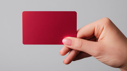 Close-up of hand holding blank red business card against a neutral background. Ideal for showcasing personalized text, graphic designs, or branding purposes in professional  creative presentations.
