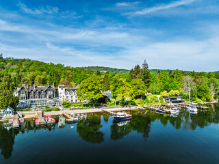 Obraz premium Windermere Lake from drone over Fell Foot Park, Lake District, Cumbria, England