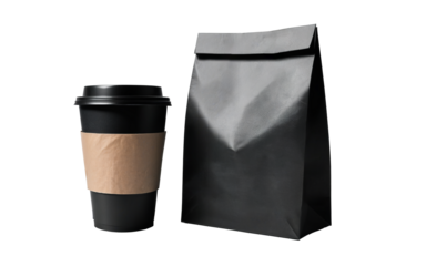 paper coffee cup and paper bag on transparent background