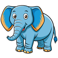 Smiling cartoon blue elephant with orange accented ears is standing on a white surface