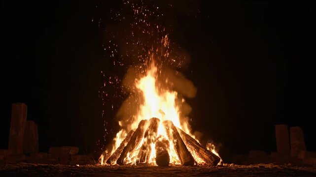 A large bright bonfire with flames and sparks built with logs Set at night surrounded by dark ground and stones