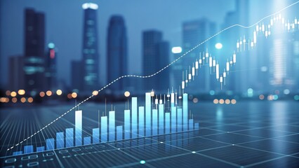 Digital financial growth chart over a cityscape at night