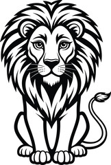 Majestic Black and White Lion Illustration, Powerful Sitting Lion Artwork, Detailed Wild Animal Design, Strong Lion Portrait