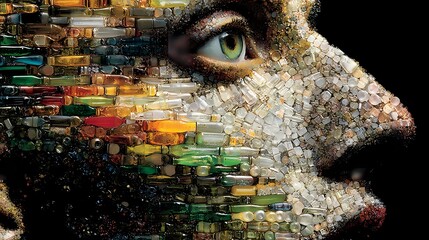 Ein Gesicht aus Glas und Glaasscherben.