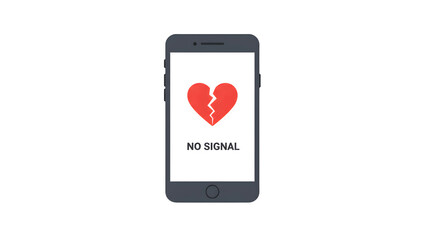 Mobile phone screen showing broken heart and "No Signal" text, visual metaphor for failed communication or emotional disconnection,