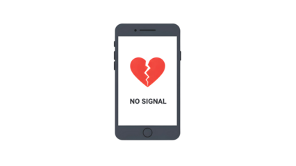 Mobile phone screen showing broken heart and "No Signal" text, visual metaphor for failed communication or emotional disconnection,
