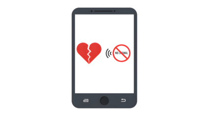 Smartphone displaying broken heart and no signal icon, symbolizing lost connection or communication in a relationship,