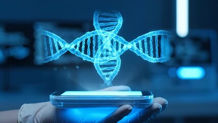 Futuristic laboratory scene featuring a gloved hand holding a transparent smartphone with a glowing blue holographic DNA strand above it, set against a blurred high-tech background with cool blue - Powered by Adobe