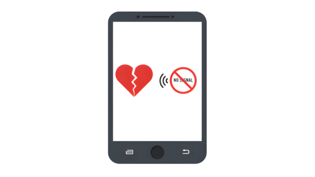 Smartphone displaying broken heart and no signal icon, symbolizing lost connection or communication in a relationship,