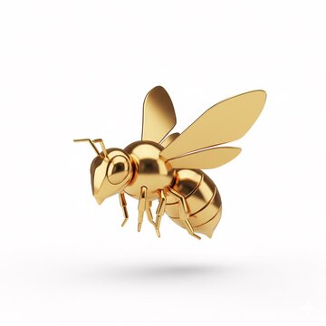 A gold bee sculpture with rounded shapes is suspended in the air,
