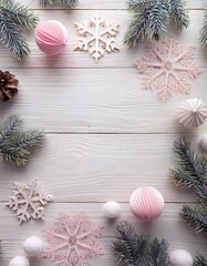 Obraz premium Top view of white wooden background with copy space and pale pink pine cones, white wooden snowflake decorations and christmas balls. Generated image