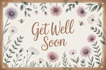 Sending warm wishes and a gentle reminder to heal with this charming floral 'Get Well Soon' greeting featuring delicate blooms and cheerful bees