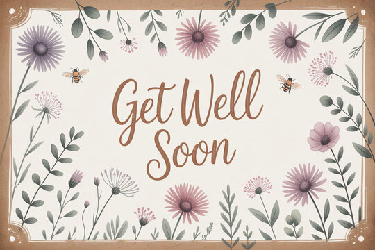 Sending warm wishes and a gentle reminder to heal with this charming floral 'Get Well Soon' greeting featuring delicate blooms and cheerful bees