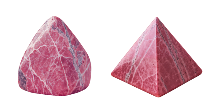 Polished and unpolished pyradid shaped rhodonite stones, pink and grey colors, isolated on transparent background