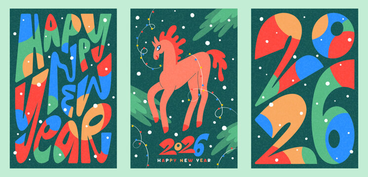 Happy New Year 2026 greeting card poster rectangle templates set. Cartoon playful trendy lettering, big hand drawn distorted letters numbers. Cute quirky chinese zodiac symbol fire horse illustration - Powered by Adobe