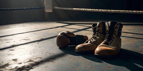 A pair of worn-out training shoes and gloves resting on the boxing ring floor after the fight, dramatic shadows, photorealistic detail