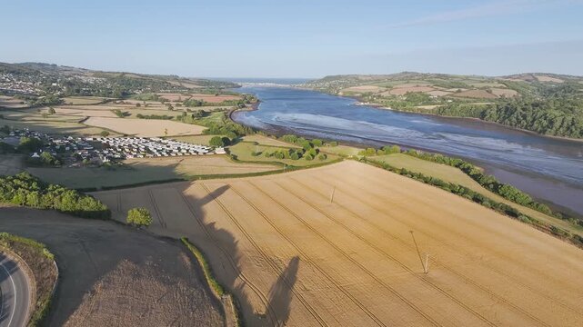 Farms and Fields over River Teign and Teignmouth Road from drone, Newton Abbot, Devon, England