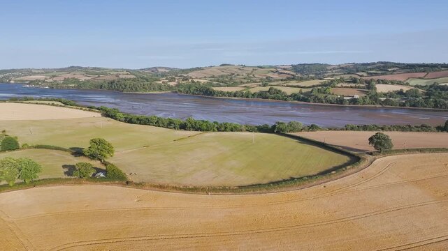 Farms and Fields over River Teign and Teignmouth Road from drone, Newton Abbot, Devon, England