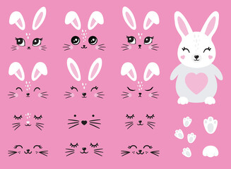 Cute white bunny easter cartoon kit set. Collection of design objects: ears, faces, different emotions, tummies, eyes, mustaches, noses isolated on pink background. Vector illustration. Hare, rabbit 