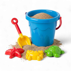 Children's beach toys including a blue bucket filled with sand and colorful molds isolated on transparent background