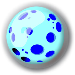 A stylized illustration of a glossy light blue sphere with dark blue spots, resembling a cartoon planet or moon.