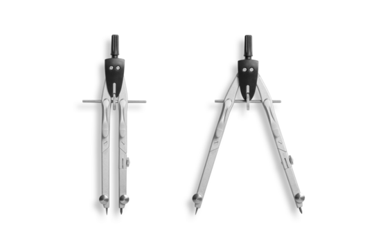 Metal compass with wheel for school and college, drafting instrument, school office supplies, isolated on a transparent background, PNG. High resolution.