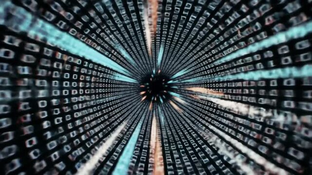 Flying through glowing digital data tunnel with binary codes