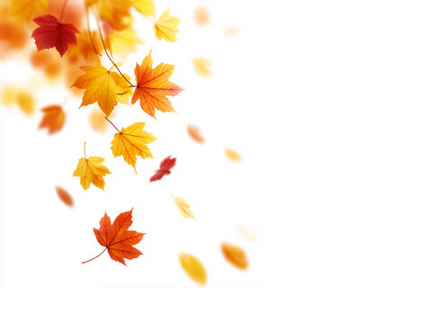 Autumn maple leaves falling down isolated on white background. Autumn background with copy space. Withered maple foliage swirls in the air, flow of leaf fall