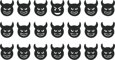A collection of twenty one black devil emojis arranged in a rectangular grid pattern on a white background