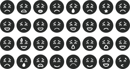 A collection of black circular emoji icons displaying a range of different facial expressions and emotions