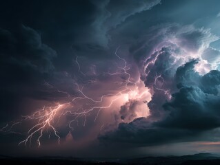 Powerful thunderstorm with purple lightning bolts ripping across dramatic storm clouds, showing extreme weather and raw atmospheric energy