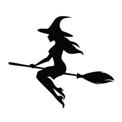 Witch Silhouette Flying on Broomstick with Flowing Hair