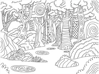 Naklejka premium Fantasy enchanted forest coloring page with whimsical trees, swirls, nature landscape illustration for relaxation and mindfulness adult or kids activity book