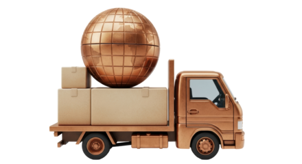 Isolated truck carrying boxes and global sphere symbolizing worldwide deliveries logistics