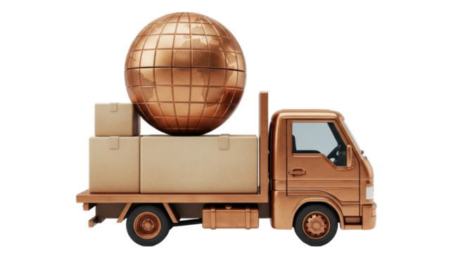 Isolated truck carrying boxes and global sphere symbolizing worldwide deliveries logistics