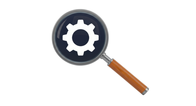 Isolated magnifying glass and gear icon with a wooden handle on neutral background
