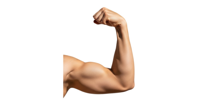 Isolated flexing muscular arm with contracted biceps on a neutral background showcasing power - Powered by Adobe