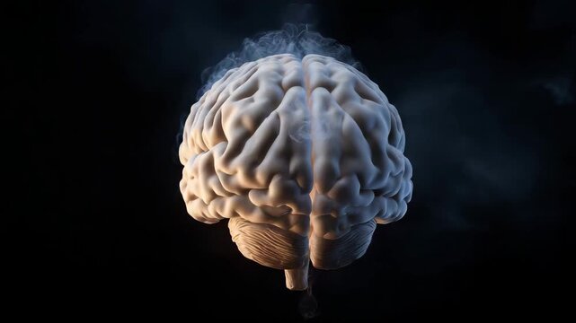 A brain with smoke coming out of it. The brain is white and has a greyish color. Surreal closeup of brain melting into dark smoke, conceptual toxic thoughts metaphor, rotten dramatic artistic style