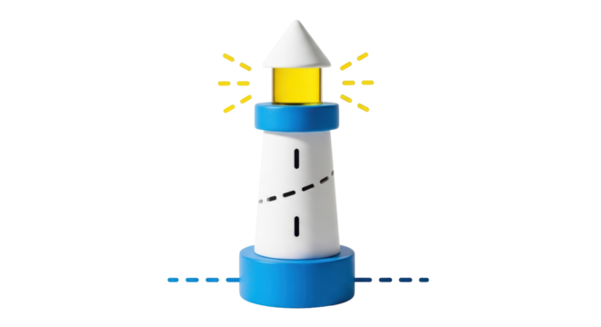 Isolated lighthouse, toy, 3d rendering, blue and white, shining light, beacon by the sea